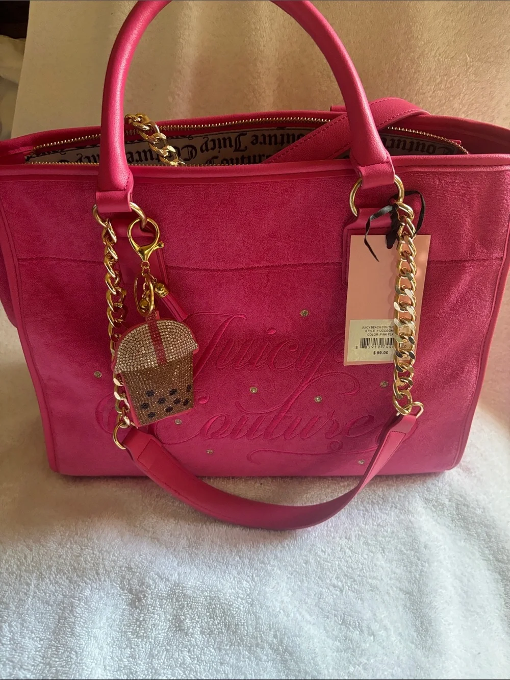 Juicy Couture Hot Pink Suede Tote with Gold Chain Handles
